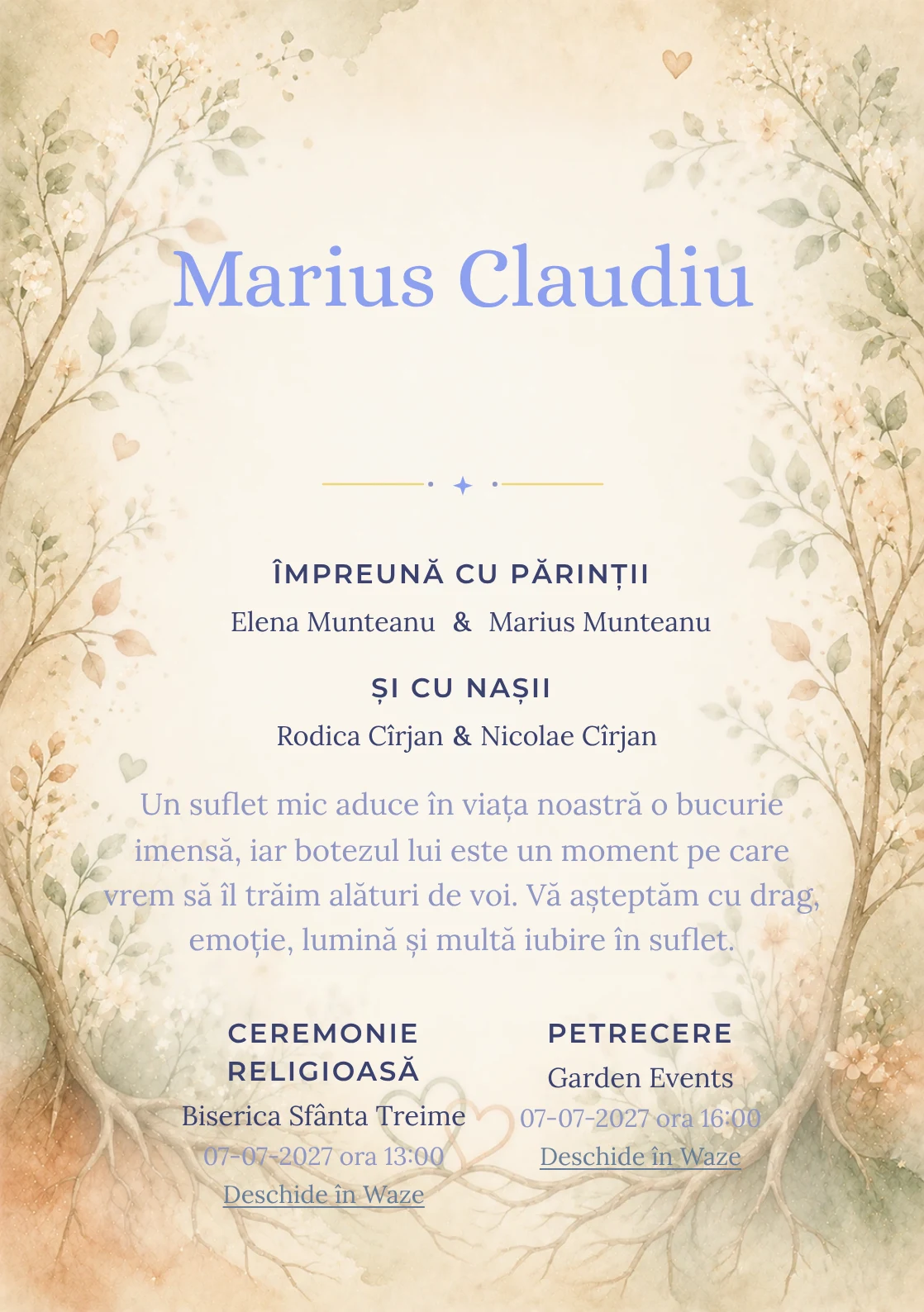 Invitație digitală de botez Rădăcini de Iubire, fundal cu rădăcini și ramuri de iubire, frunze delicate, flori mici, verde salvie și terracotta și centru luminos pentru text
