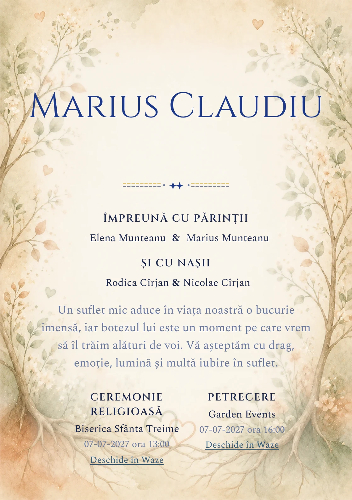 Invitație digitală de botez Rădăcini de Iubire, fundal cu rădăcini și ramuri de iubire, frunze delicate, flori mici, verde salvie și terracotta și centru luminos pentru text