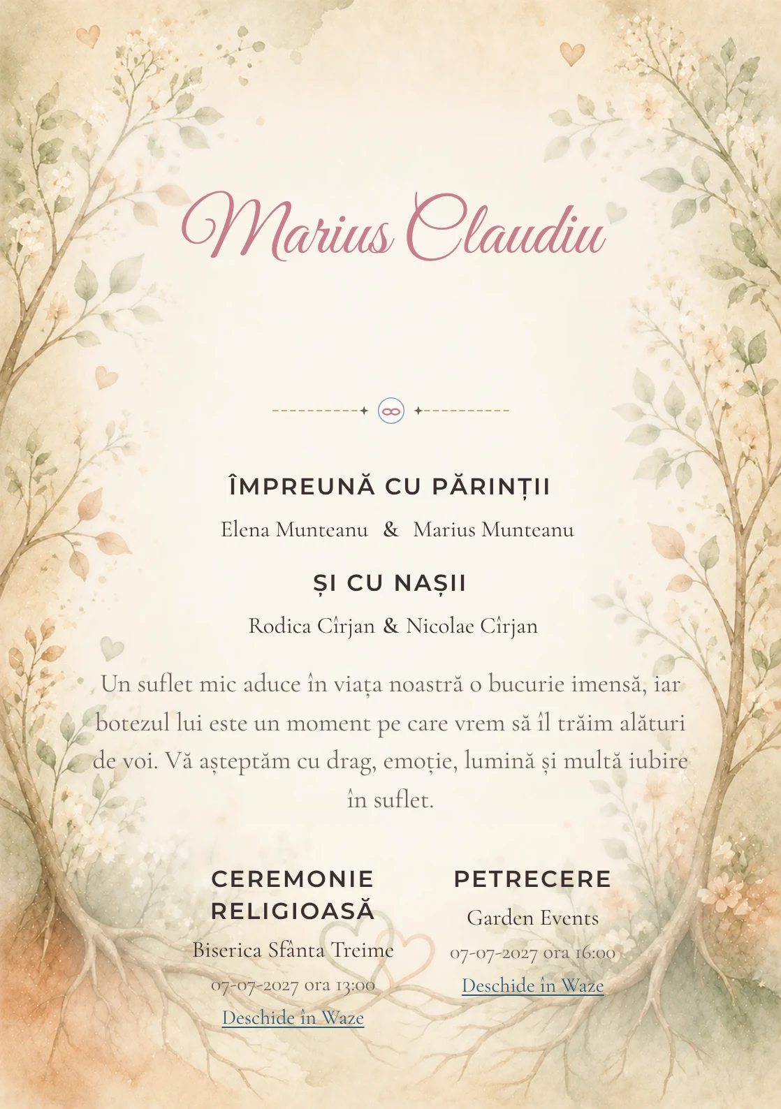 Invitație digitală de botez Rădăcini de Iubire, fundal cu rădăcini și ramuri de iubire, frunze delicate, flori mici, verde salvie și terracotta și centru luminos pentru text