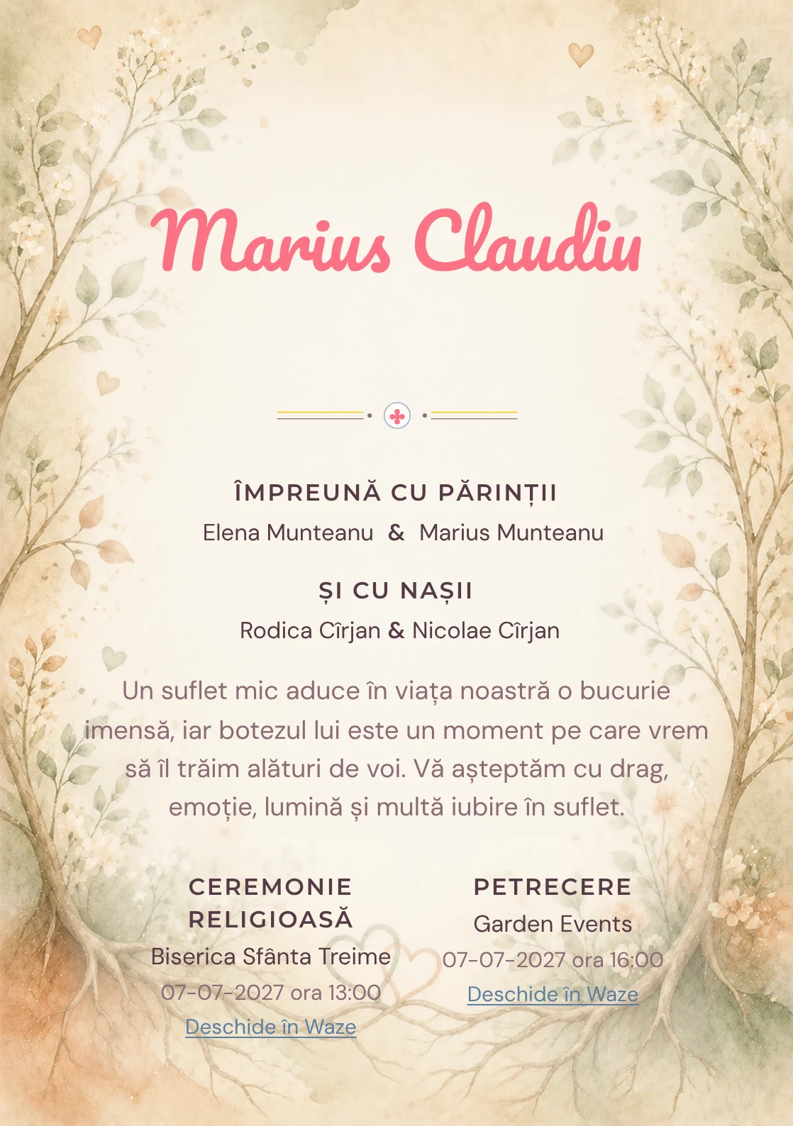 Invitație digitală de botez Rădăcini de Iubire, fundal cu rădăcini și ramuri de iubire, frunze delicate, flori mici, verde salvie și terracotta și centru luminos pentru text