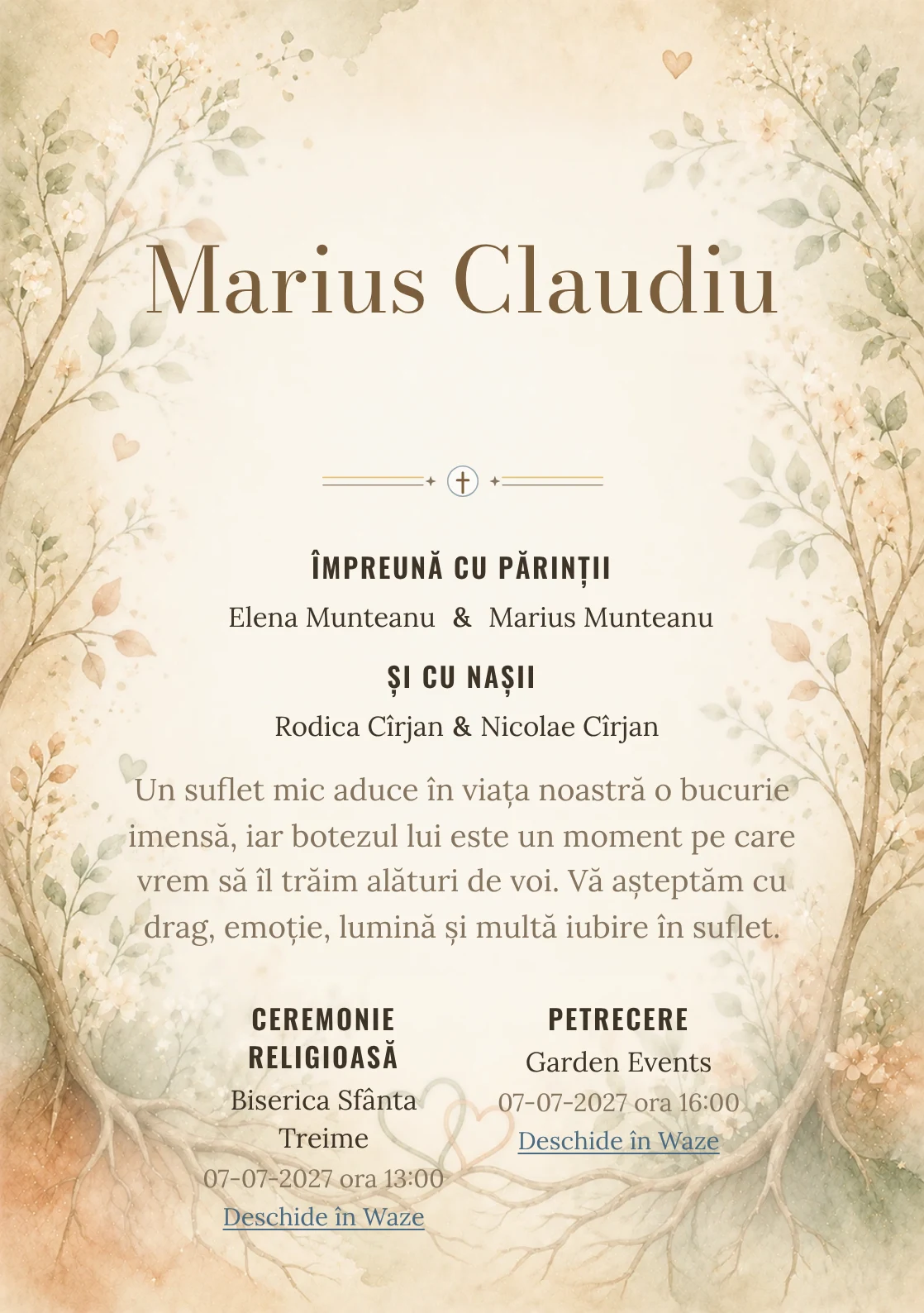 Invitație digitală de botez Rădăcini de Iubire, fundal cu rădăcini și ramuri de iubire, frunze delicate, flori mici, verde salvie și terracotta și centru luminos pentru text