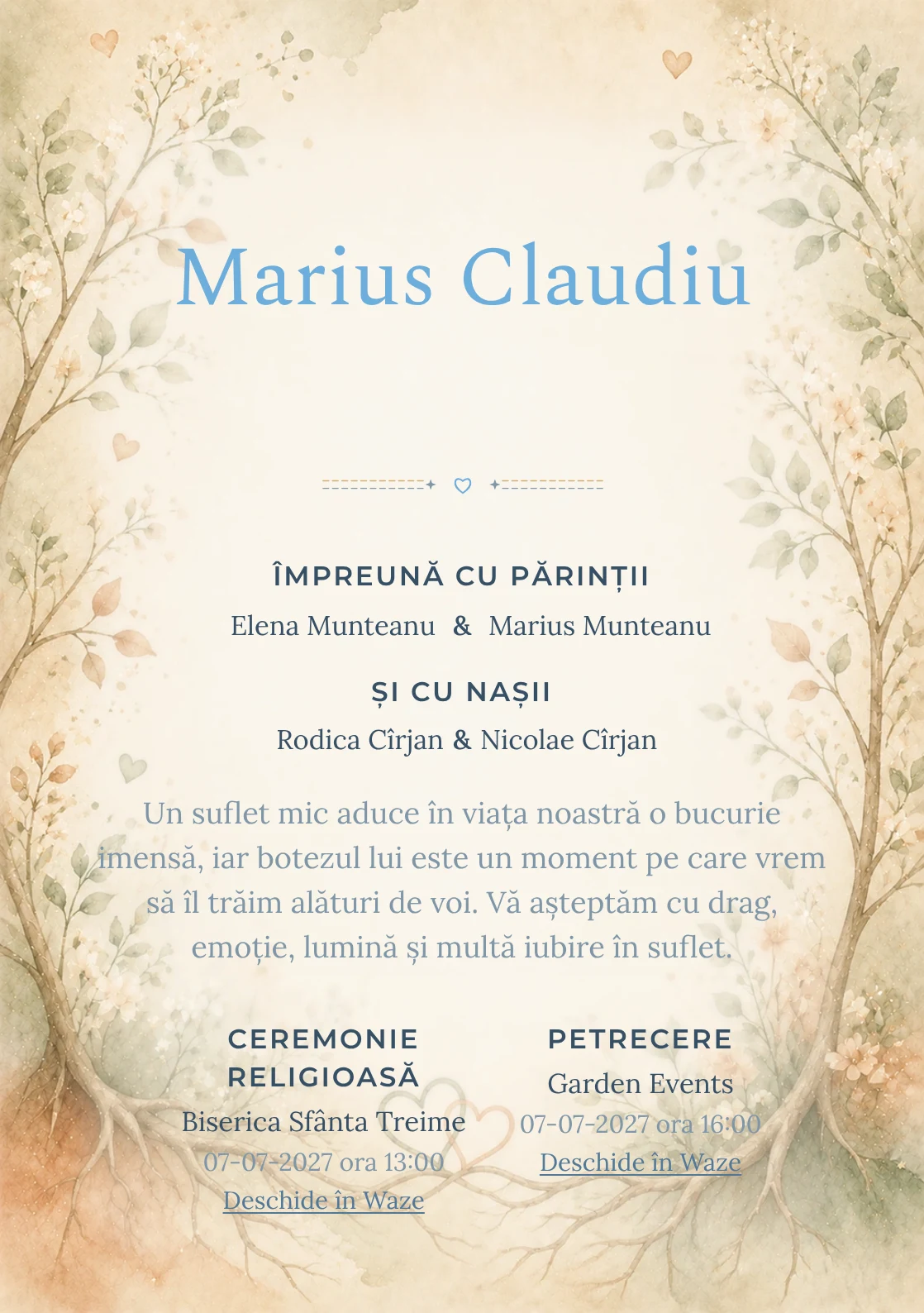 Invitație digitală de botez Rădăcini de Iubire, fundal cu rădăcini și ramuri de iubire, frunze delicate, flori mici, verde salvie și terracotta și centru luminos pentru text