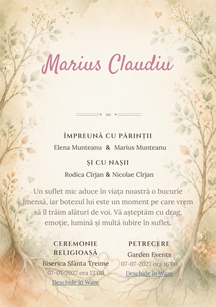 Imaginea Rădăcini de Iubire, pentru o invitație de botez, pune în valoare rădăcini și ramuri de iubire, cu frunze delicate.