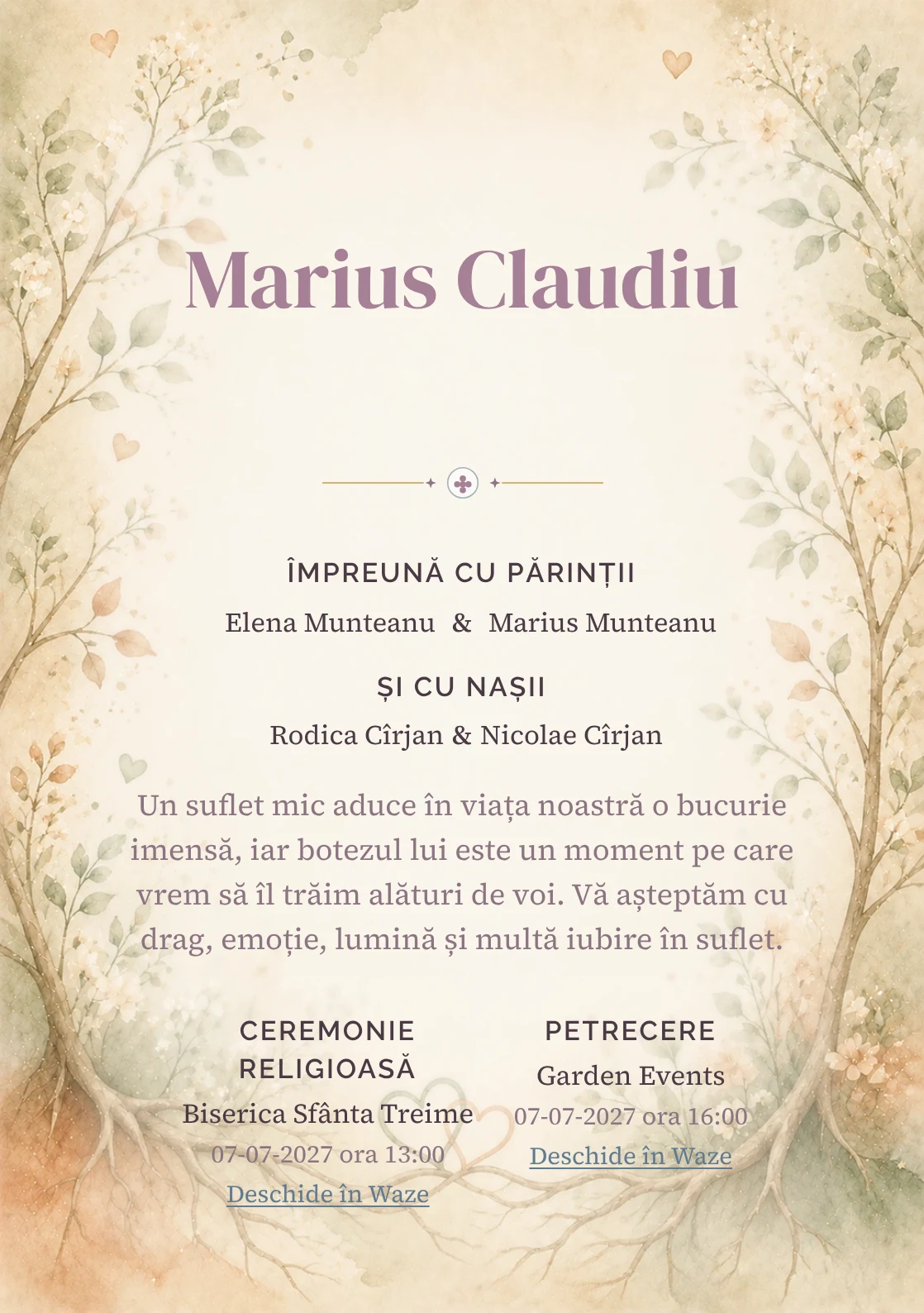 Invitație digitală de botez Rădăcini de Iubire, fundal cu rădăcini și ramuri de iubire, frunze delicate, flori mici, verde salvie și terracotta și centru luminos pentru text