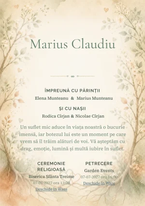 Invitație digitală de botez Rădăcini de Iubire, fundal cu rădăcini și ramuri de iubire, frunze delicate, flori mici, verde salvie și terracotta și centru luminos pentru text