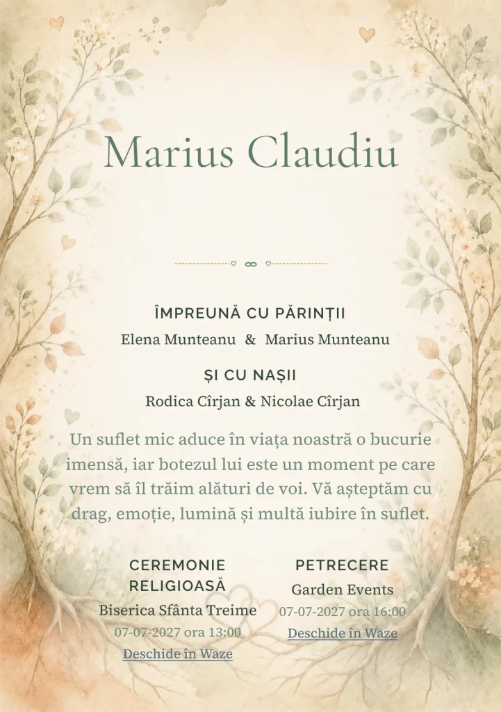 Imaginea Rădăcini de Iubire, pentru o invitație de botez, pune în valoare rădăcini și ramuri de iubire, cu frunze delicate.