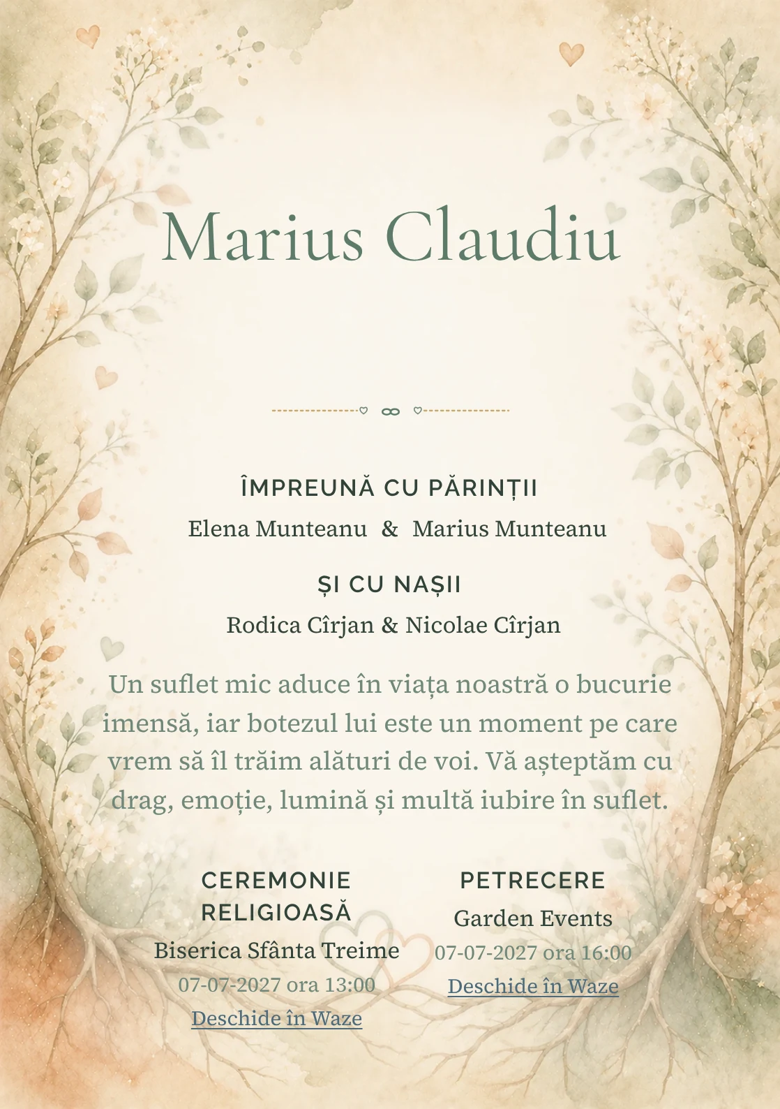 Invitație digitală de botez Rădăcini de Iubire, fundal cu rădăcini și ramuri de iubire, frunze delicate, flori mici, verde salvie și terracotta și centru luminos pentru text