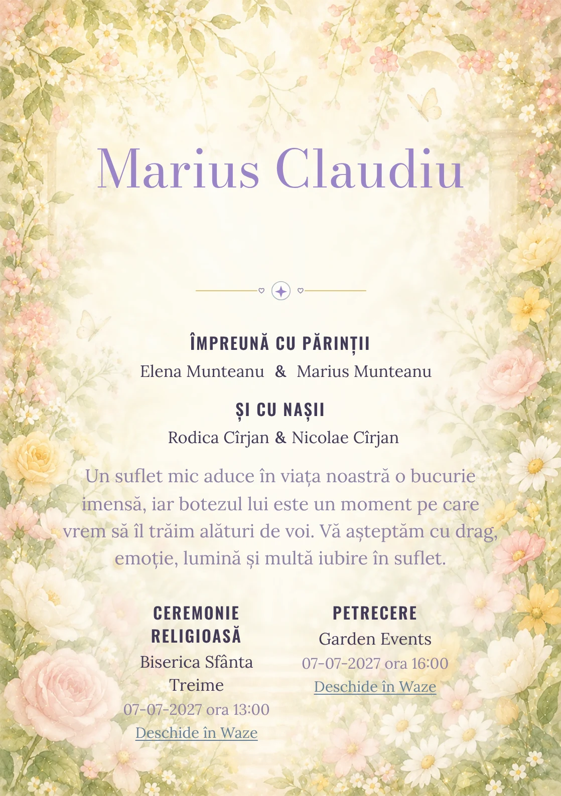 Invitație digitală de botez Rai de Flori, fundal cu grădină luminoasă, flori periferice, lumină florală centrală și galben cald și centru luminos pentru text