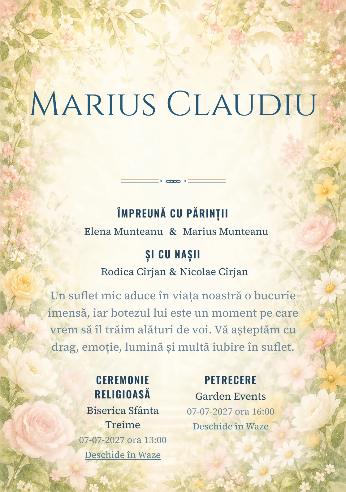 Invitație digitală de botez Rai de Flori, fundal cu grădină luminoasă, flori periferice, lumină florală centrală și galben cald și centru luminos pentru text