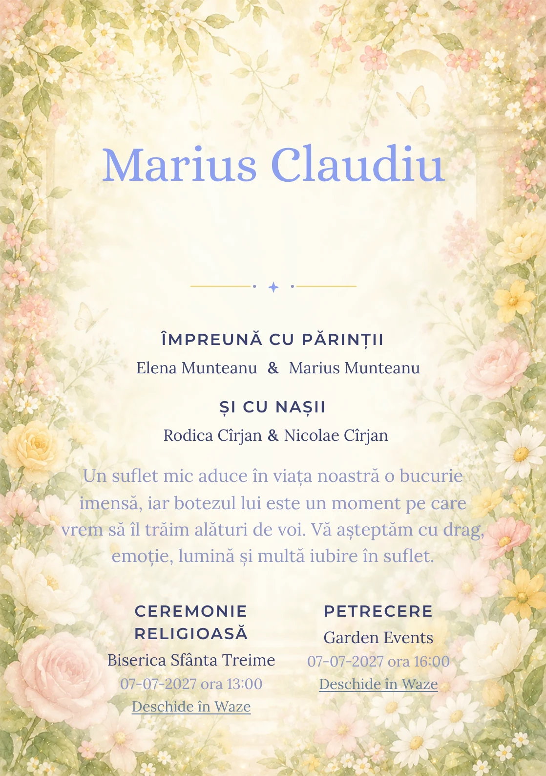 Invitație digitală de botez Rai de Flori, fundal cu grădină luminoasă, flori periferice, lumină florală centrală și galben cald și centru luminos pentru text