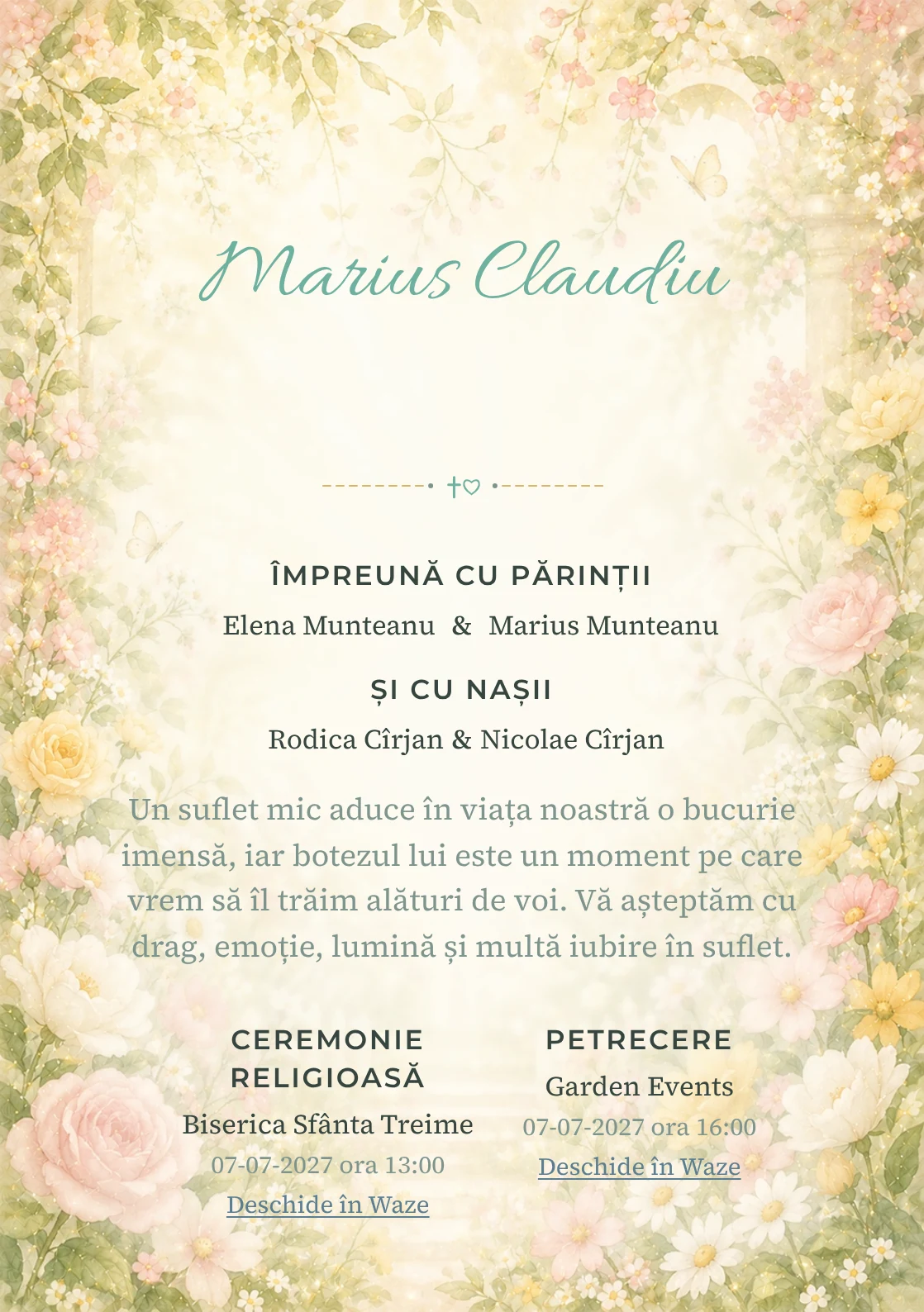 Invitație digitală de botez Rai de Flori, fundal cu grădină luminoasă, flori periferice, lumină florală centrală și galben cald și centru luminos pentru text