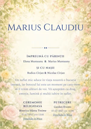 Invitație digitală de botez Rai de Flori, fundal cu grădină luminoasă, flori periferice, lumină florală centrală și galben cald și centru luminos pentru text