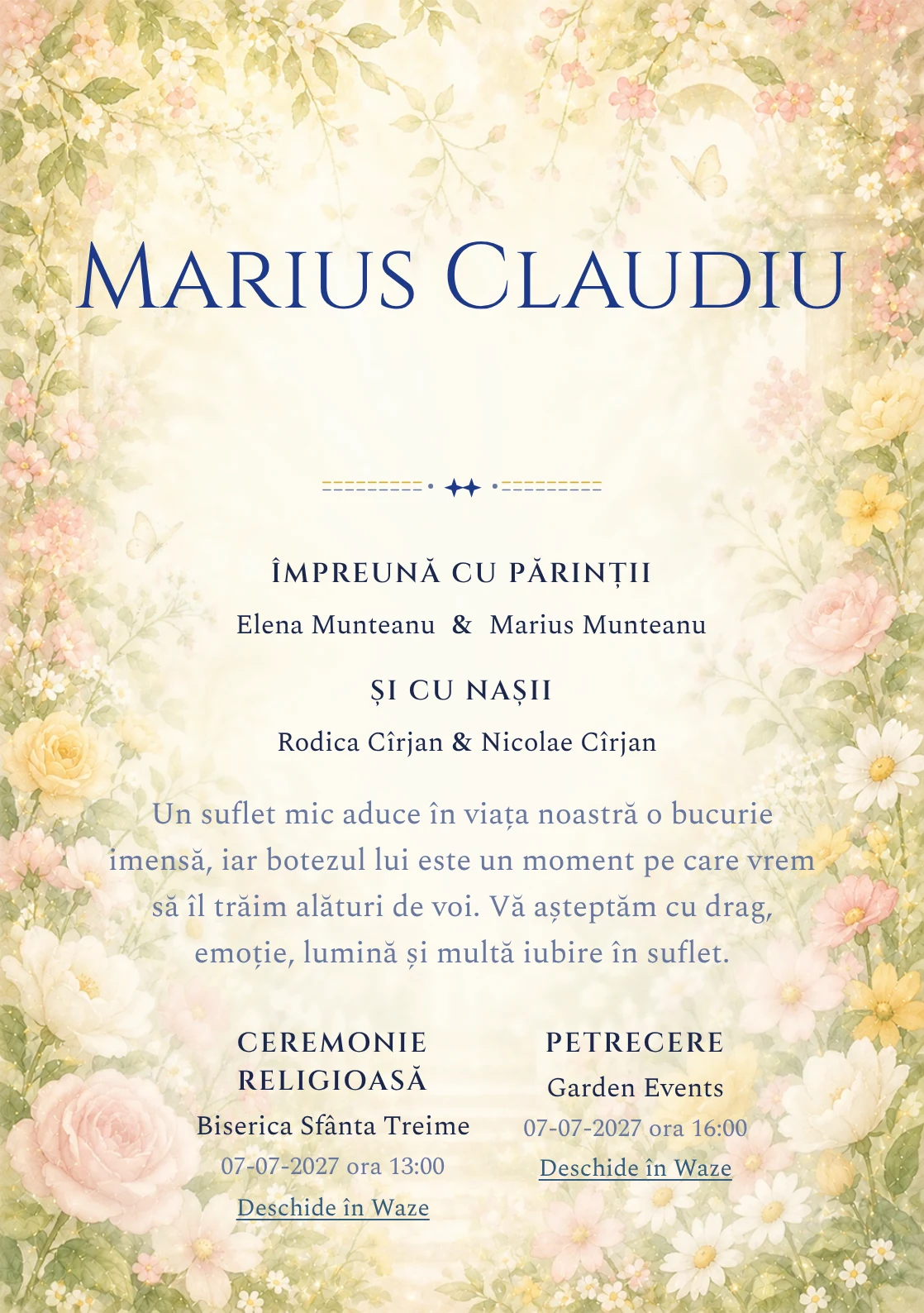 Invitație digitală de botez Rai de Flori, fundal cu grădină luminoasă, flori periferice, lumină florală centrală și galben cald și centru luminos pentru text