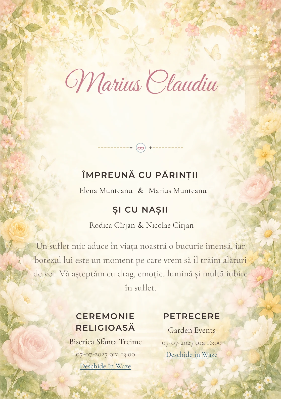 Invitație digitală de botez Rai de Flori, fundal cu grădină luminoasă, flori periferice, lumină florală centrală și galben cald și centru luminos pentru text