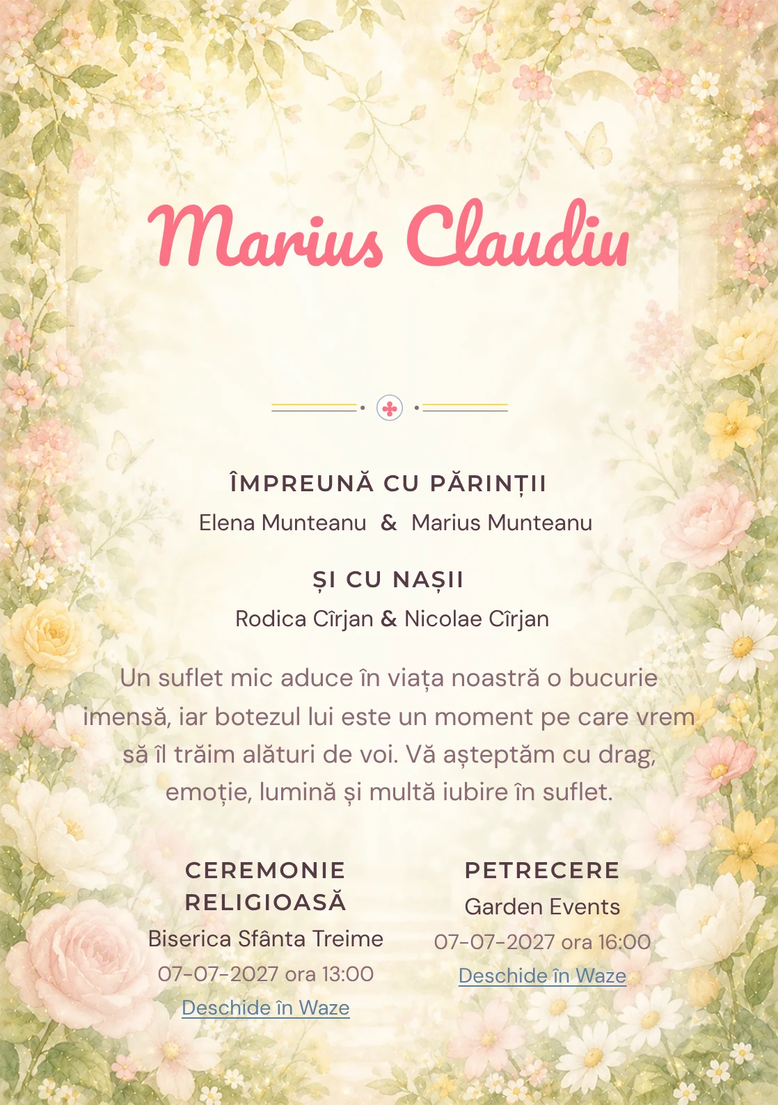 Invitație digitală de botez Rai de Flori, fundal cu grădină luminoasă, flori periferice, lumină florală centrală și galben cald și centru luminos pentru text