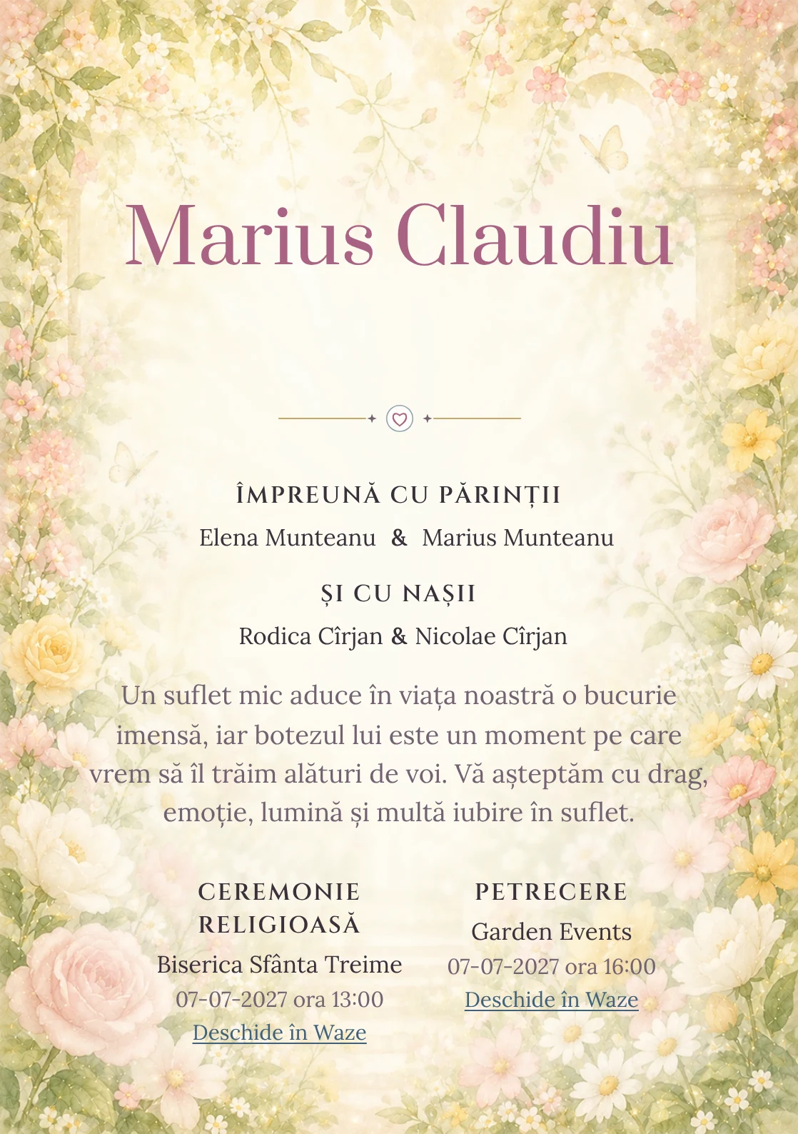 Invitație digitală de botez Rai de Flori, fundal cu grădină luminoasă, flori periferice, lumină florală centrală și galben cald și centru luminos pentru text