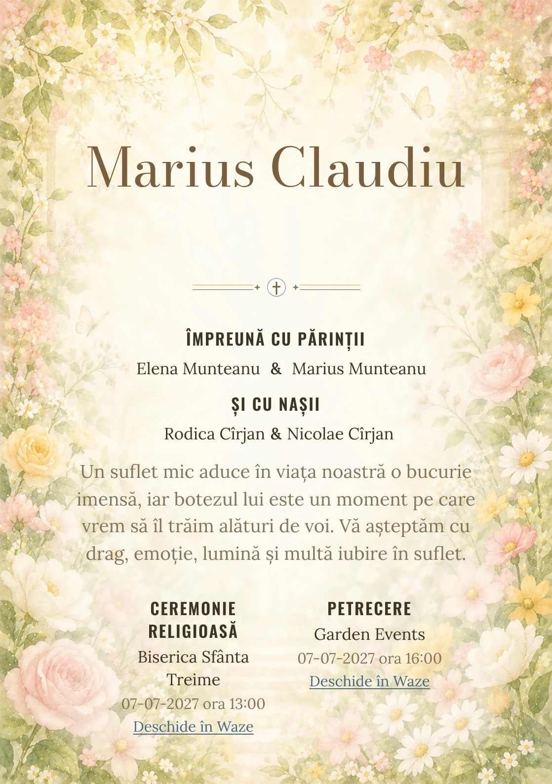 Invitație digitală de botez Rai de Flori, fundal cu grădină luminoasă, flori periferice, lumină florală centrală și galben cald și centru luminos pentru text