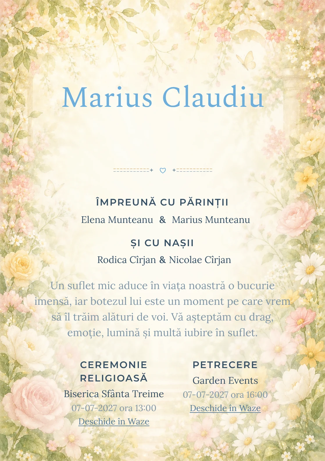 Invitație digitală de botez Rai de Flori, fundal cu grădină luminoasă, flori periferice, lumină florală centrală și galben cald și centru luminos pentru text