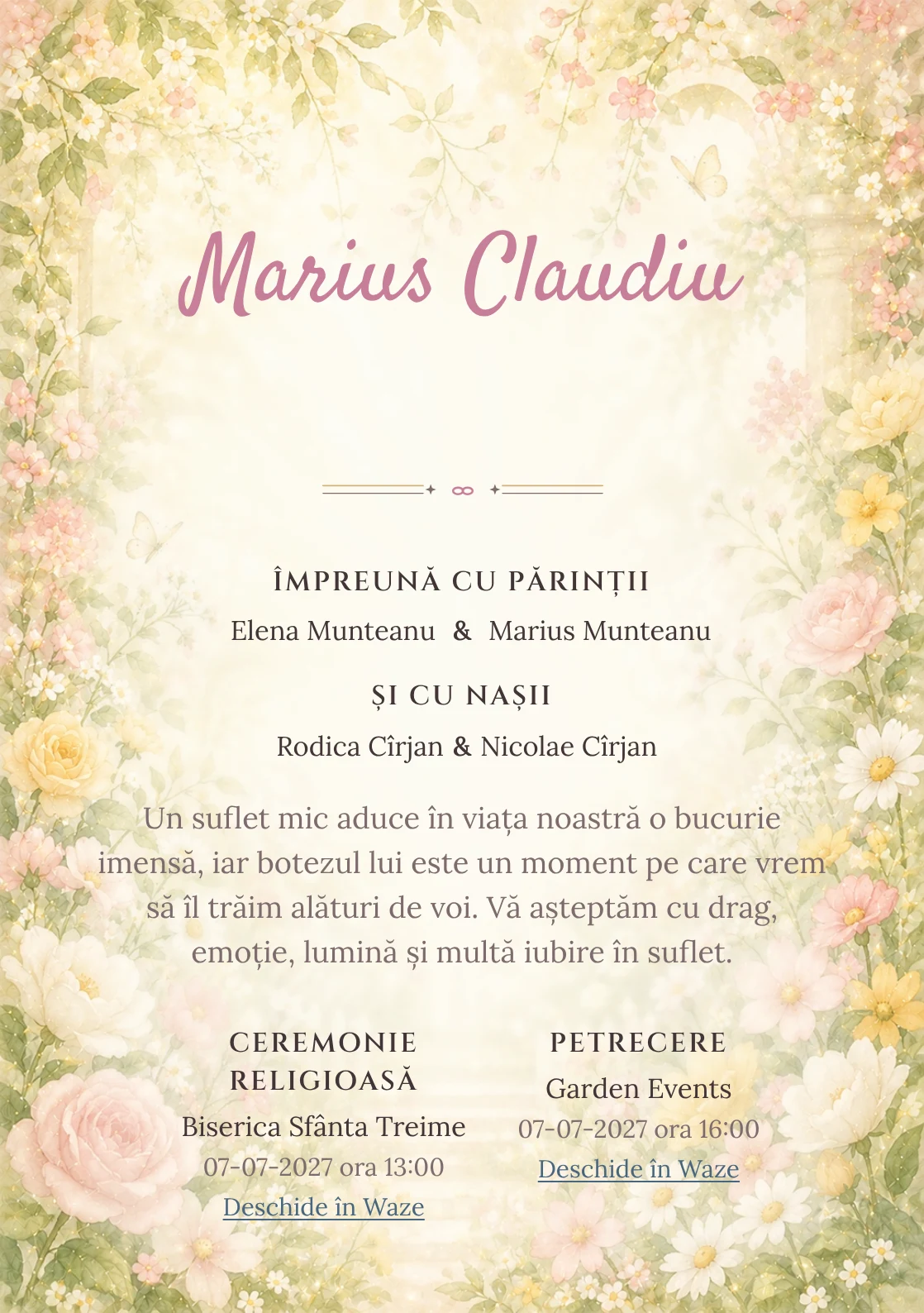 Invitație digitală de botez Rai de Flori, fundal cu grădină luminoasă, flori periferice, lumină florală centrală și galben cald și centru luminos pentru text