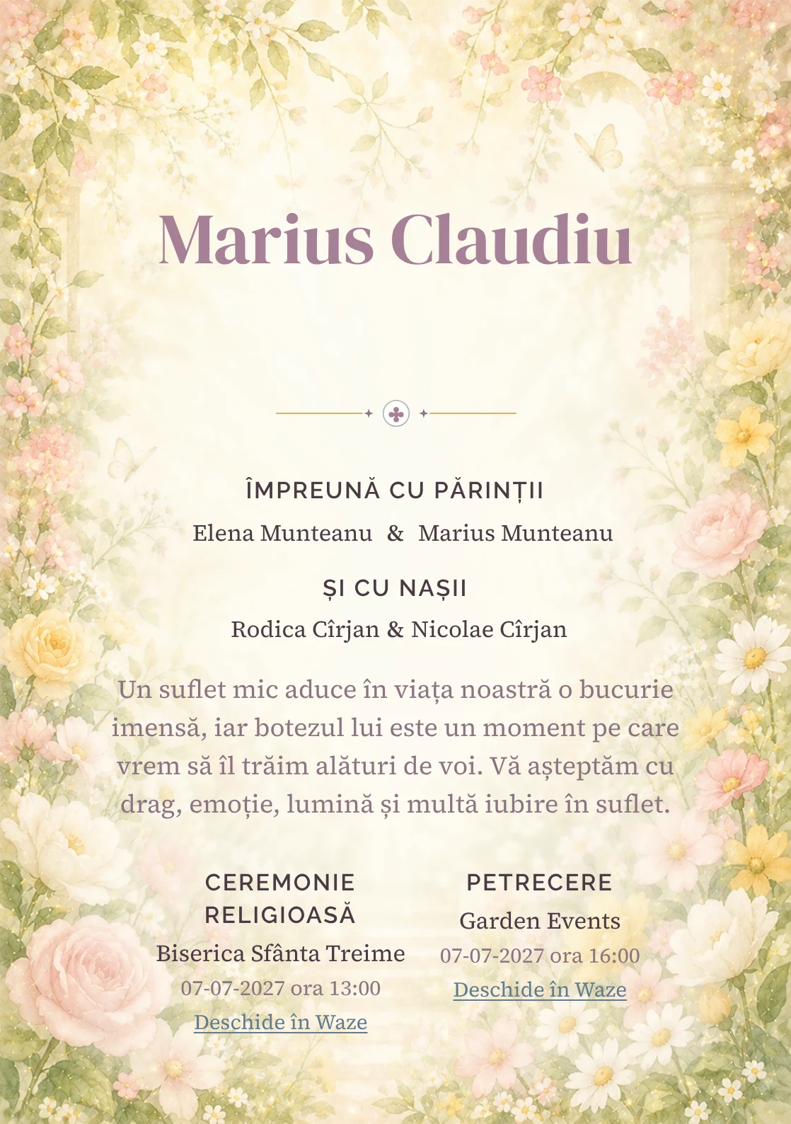 Invitație digitală de botez Rai de Flori, fundal cu grădină luminoasă, flori periferice, lumină florală centrală și galben cald și centru luminos pentru text