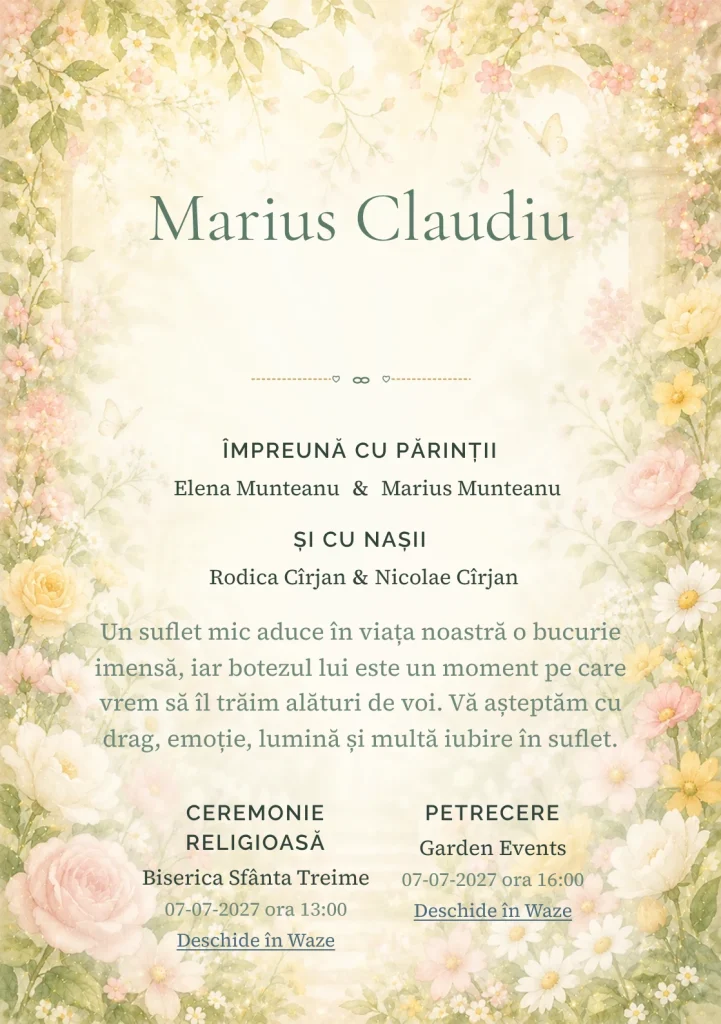 Rai de Flori, din gama de invitații botez, evidențiază grădină luminoasă, alături de flori periferice, lumină florală centrală și galben cald.