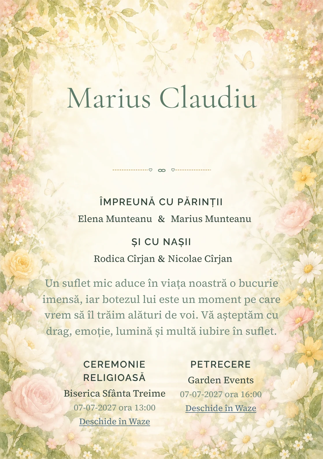 Invitație digitală de botez Rai de Flori, fundal cu grădină luminoasă, flori periferice, lumină florală centrală și galben cald și centru luminos pentru text