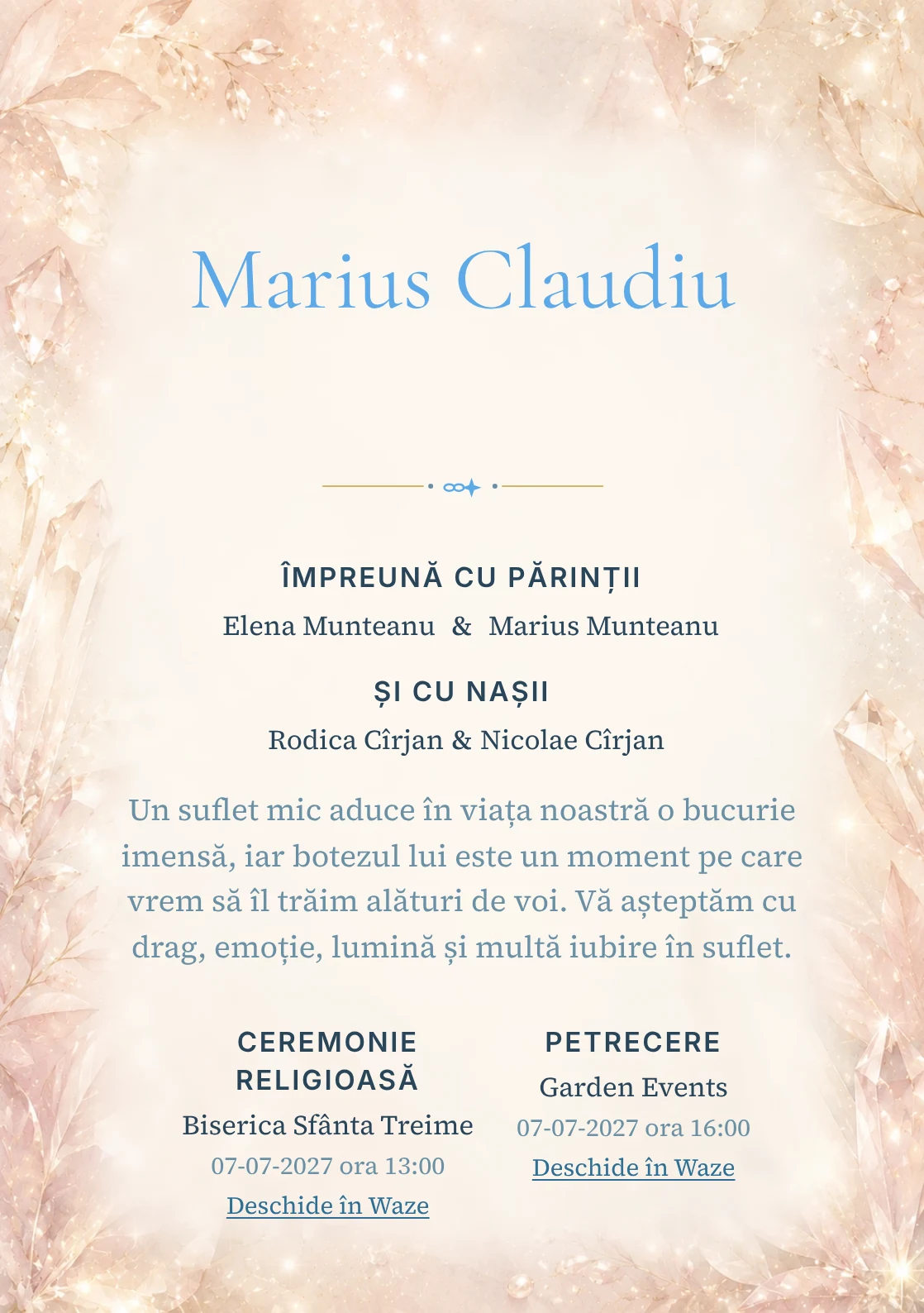 Invitație digitală de botez Rază de Cristal, fundal cu reflexii fine de cristal, textură perlată, champagne și roz pal și centru luminos pentru text