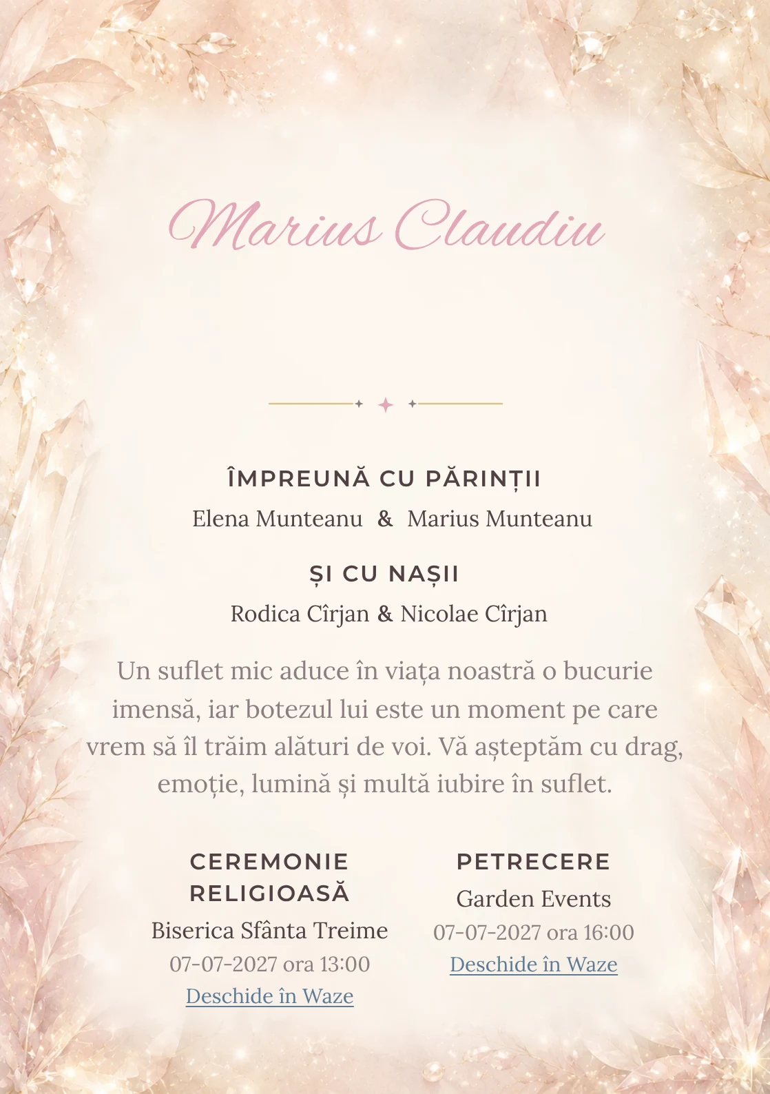 Invitație digitală de botez Rază de Cristal, fundal cu reflexii fine de cristal, textură perlată, champagne și roz pal și centru luminos pentru text