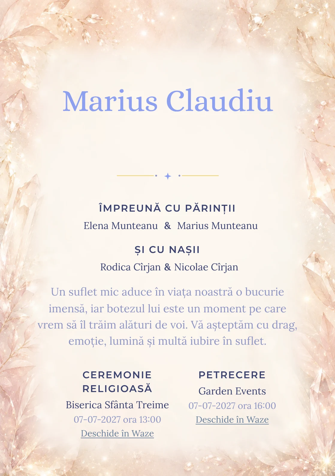 Invitație digitală de botez Rază de Cristal, fundal cu reflexii fine de cristal, textură perlată, champagne și roz pal și centru luminos pentru text