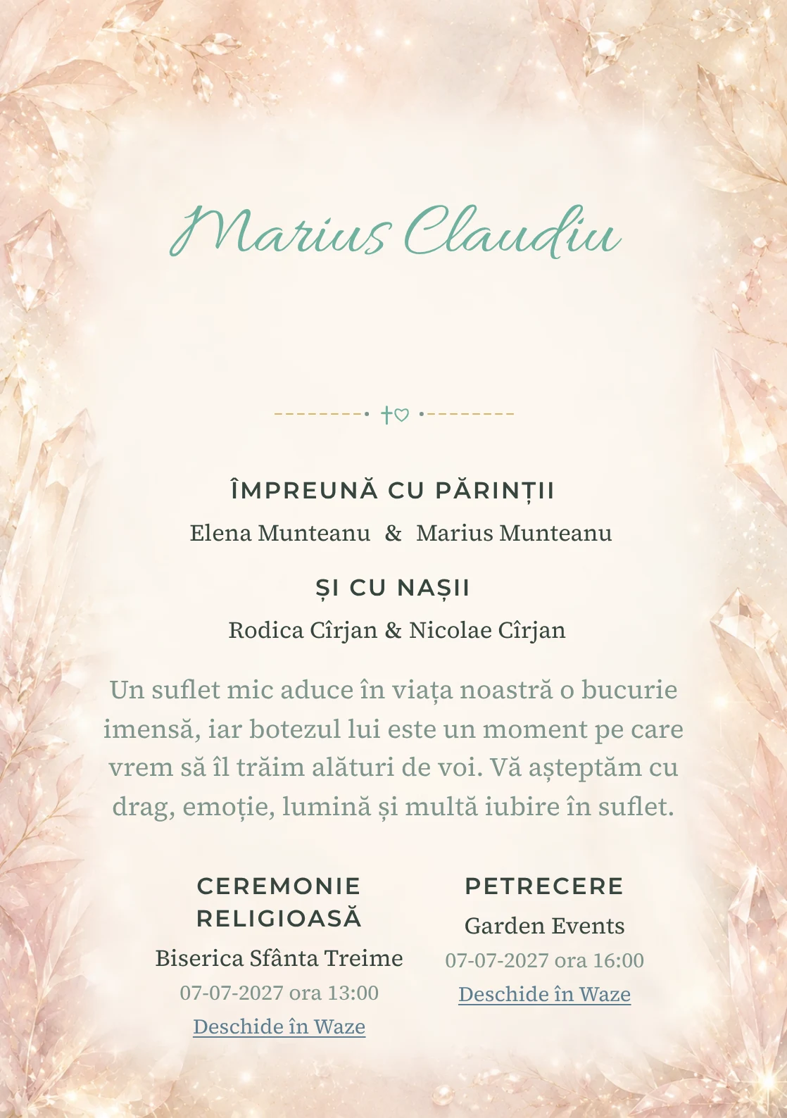 Invitație digitală de botez Rază de Cristal, fundal cu reflexii fine de cristal, textură perlată, champagne și roz pal și centru luminos pentru text