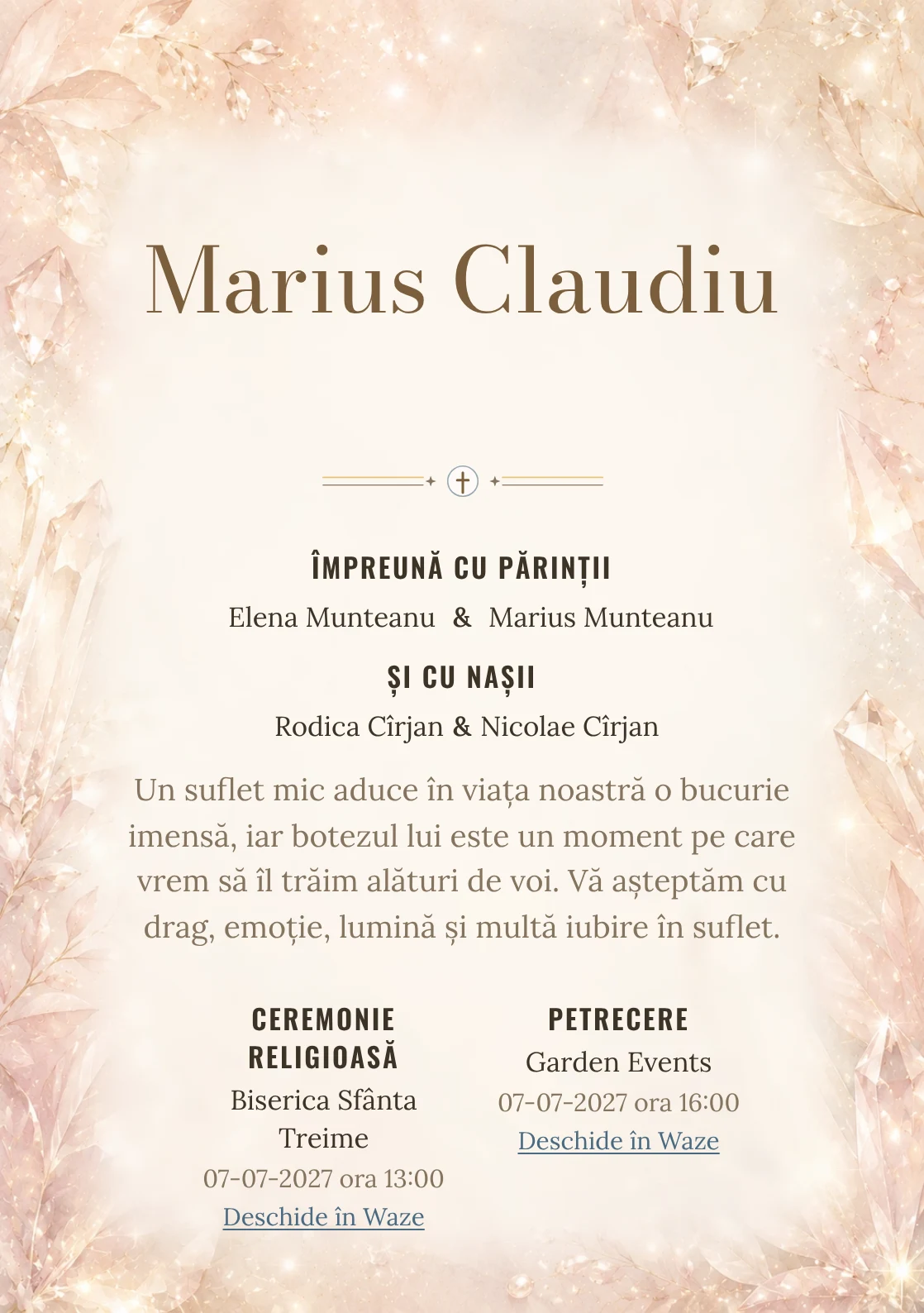 Invitație digitală de botez Rază de Cristal, fundal cu reflexii fine de cristal, textură perlată, champagne și roz pal și centru luminos pentru text
