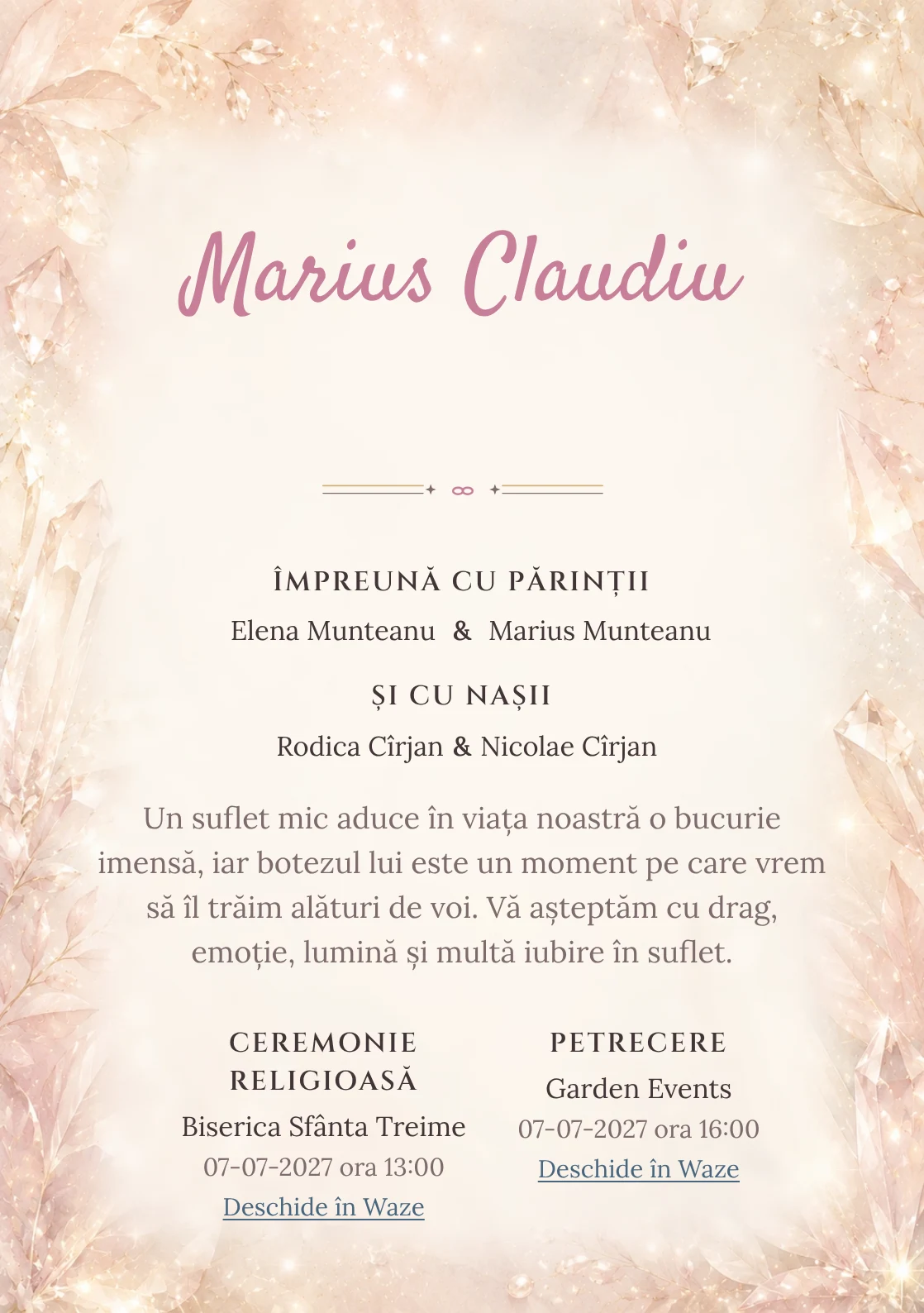 Invitație digitală de botez Rază de Cristal, fundal cu reflexii fine de cristal, textură perlată, champagne și roz pal și centru luminos pentru text