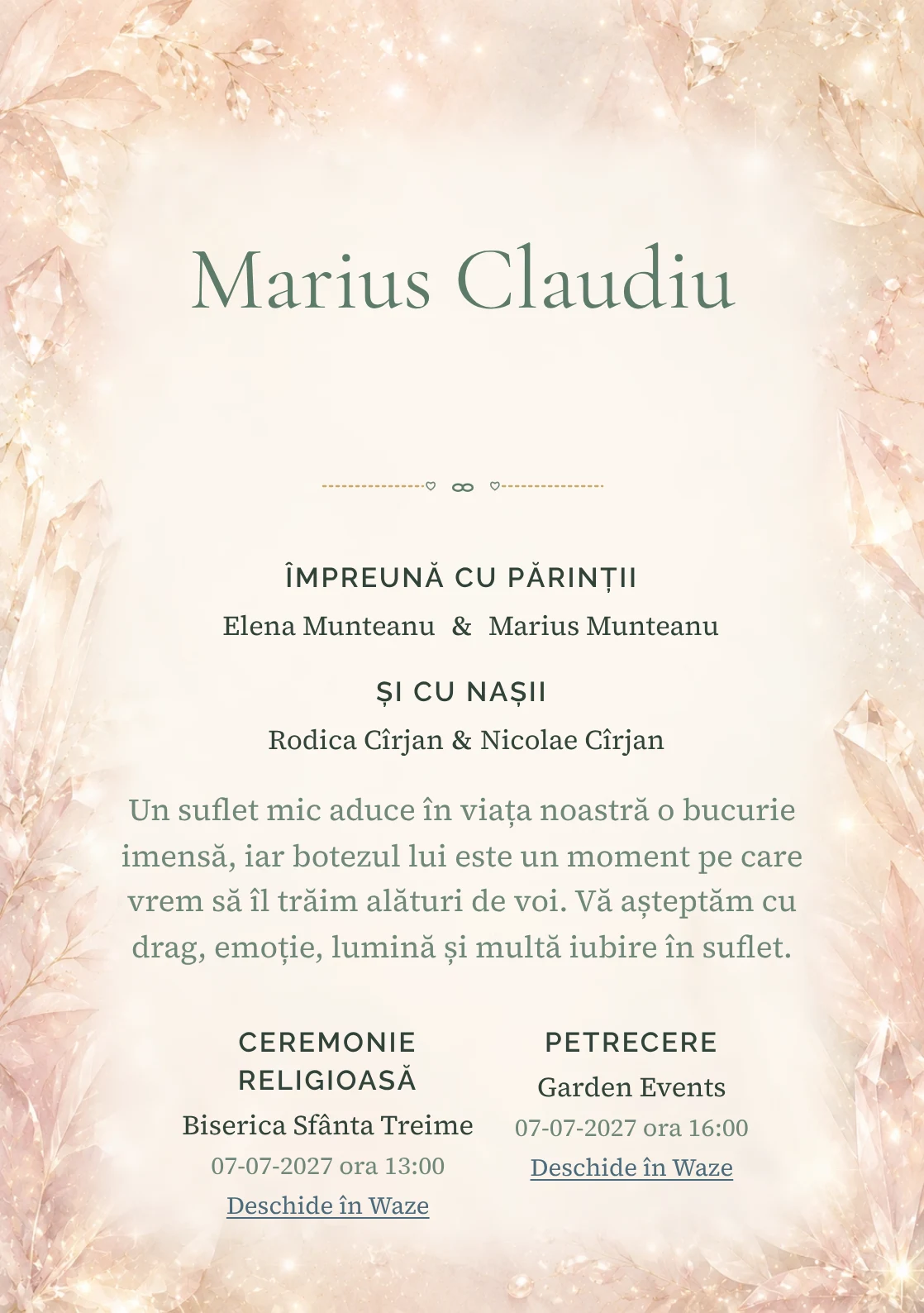 Invitație digitală de botez Rază de Cristal, fundal cu reflexii fine de cristal, textură perlată, champagne și roz pal și centru luminos pentru text