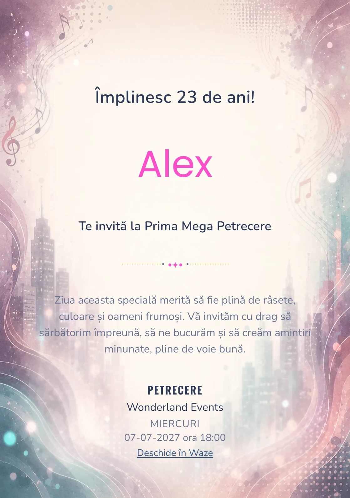Invitație digitală aniversară Ritm Urban, fundal premium cu unde muzicale, lumini de oraș și tonuri plum-teal