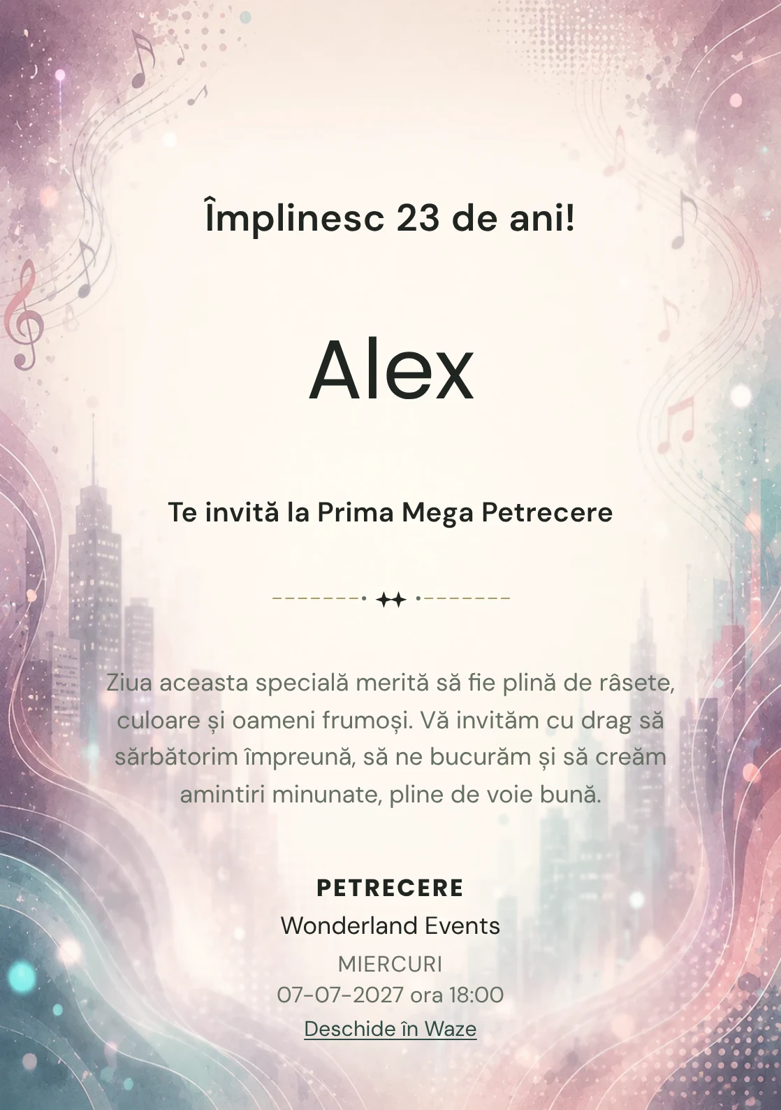 Invitație digitală aniversară Ritm Urban, fundal premium cu unde muzicale, lumini de oraș și tonuri plum-teal