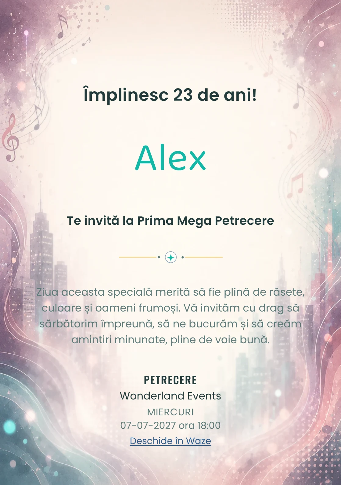 Invitație digitală aniversară Ritm Urban, fundal premium cu unde muzicale, lumini de oraș și tonuri plum-teal