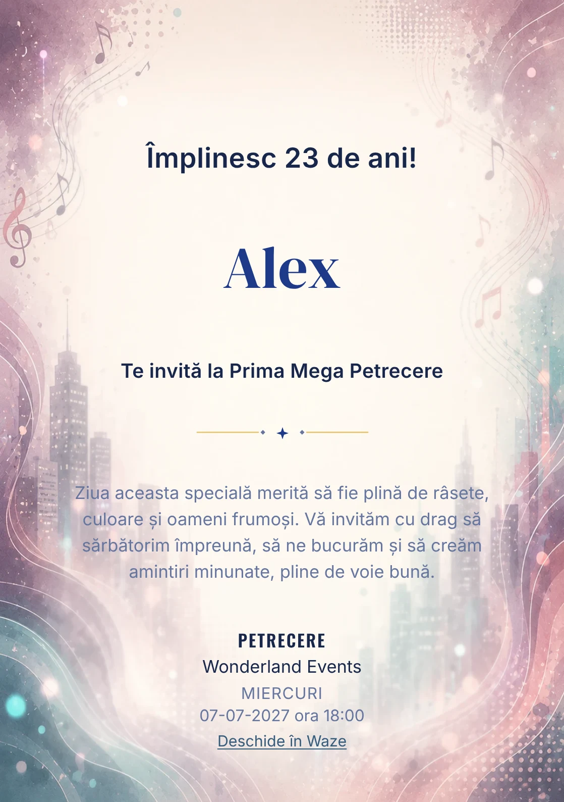 Invitație digitală aniversară Ritm Urban, fundal premium cu unde muzicale, lumini de oraș și tonuri plum-teal