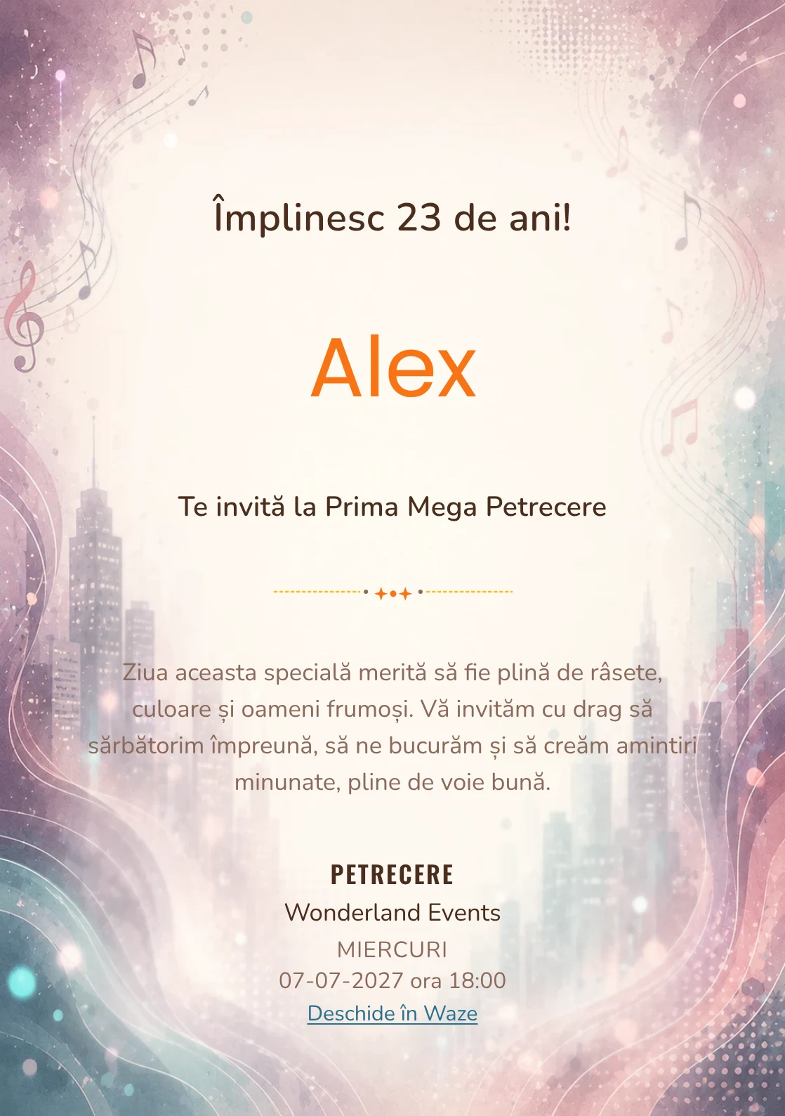 Invitație digitală aniversară Ritm Urban, fundal premium cu unde muzicale, lumini de oraș și tonuri plum-teal