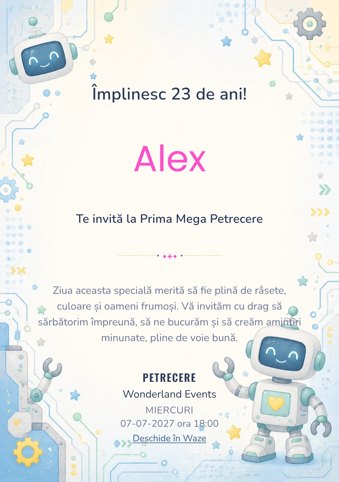 Invitație digitală de zi de naștere Roboței Veseli, fundal pastel cu roboței prietenoși, circuite rotunjite și stele laterale