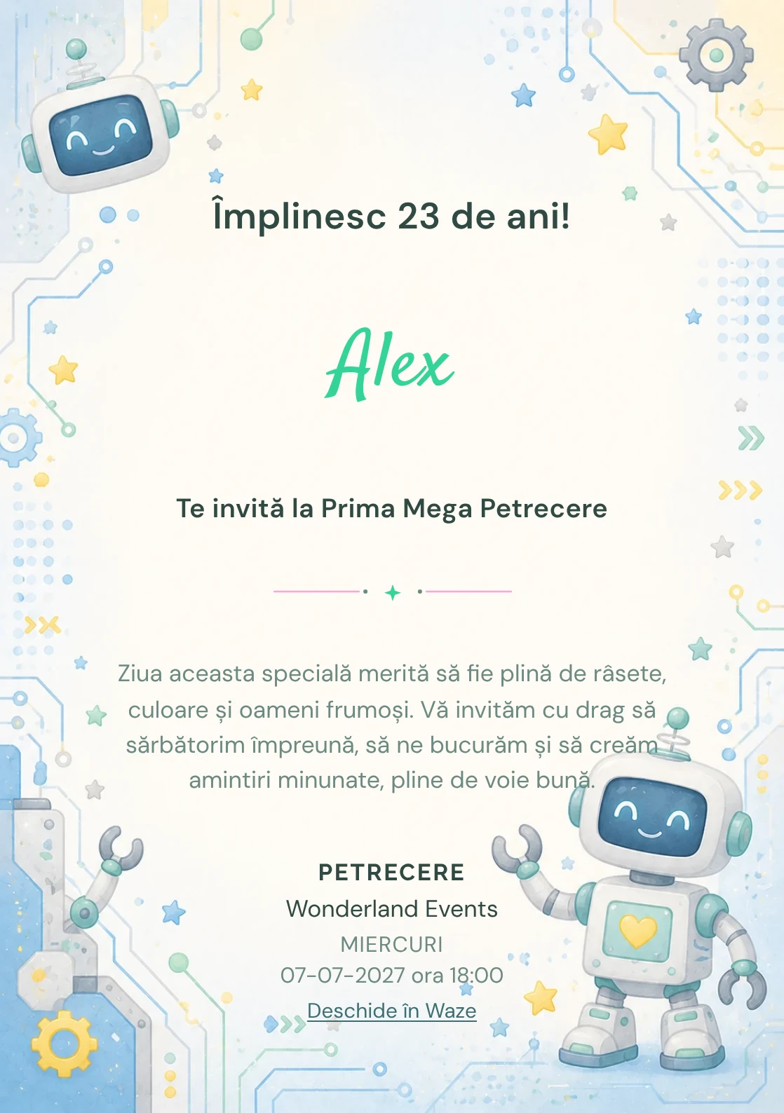 Invitație digitală de zi de naștere Roboței Veseli, fundal pastel cu roboței prietenoși, circuite rotunjite și stele laterale