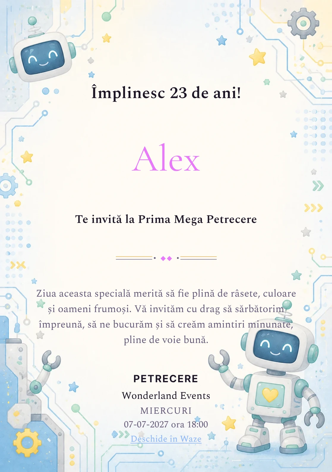Invitație digitală de zi de naștere Roboței Veseli, fundal pastel cu roboței prietenoși, circuite rotunjite și stele laterale