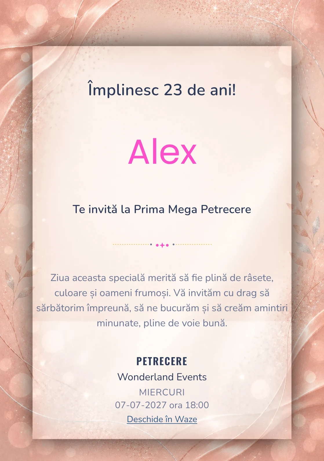 Invitație digitală aniversară Rose Gold, fundal premium cu textură satinată, bokeh și sclipiri rose-gold