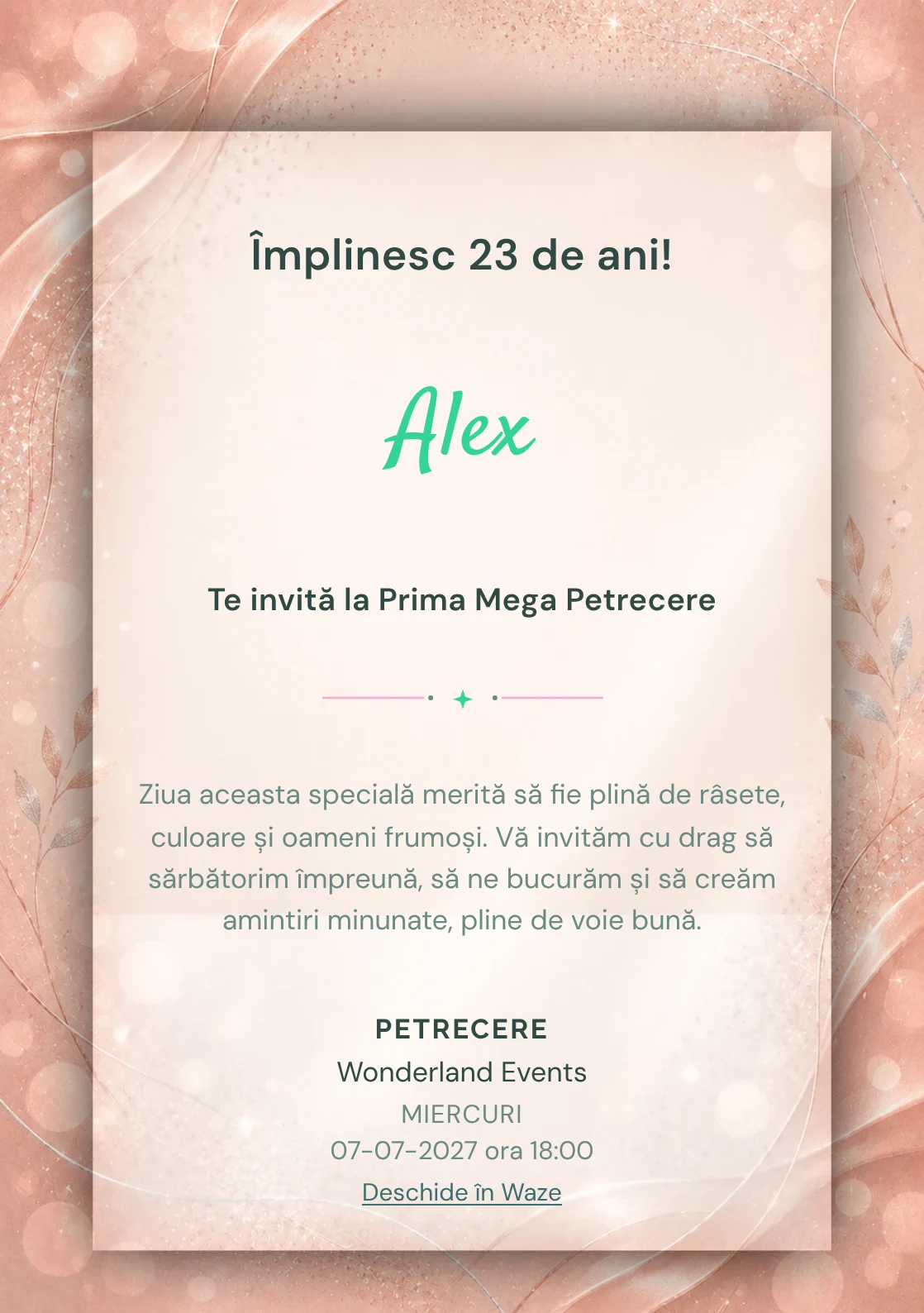 Invitație digitală aniversară Rose Gold, fundal premium cu textură satinată, bokeh și sclipiri rose-gold