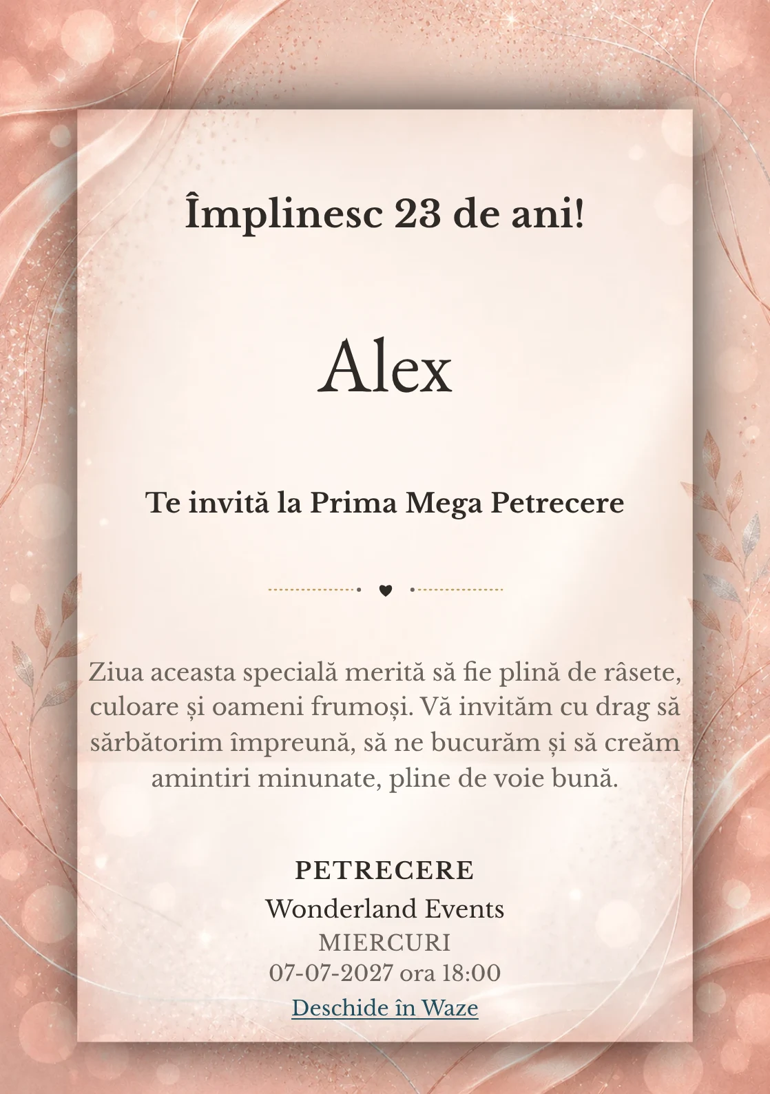Invitație digitală aniversară Rose Gold, fundal premium cu textură satinată, bokeh și sclipiri rose-gold