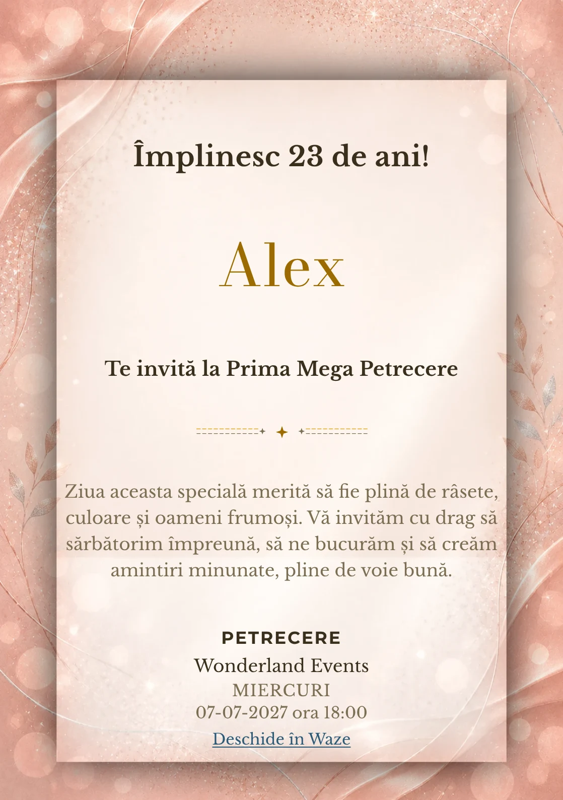Invitație digitală aniversară Rose Gold, fundal premium cu textură satinată, bokeh și sclipiri rose-gold