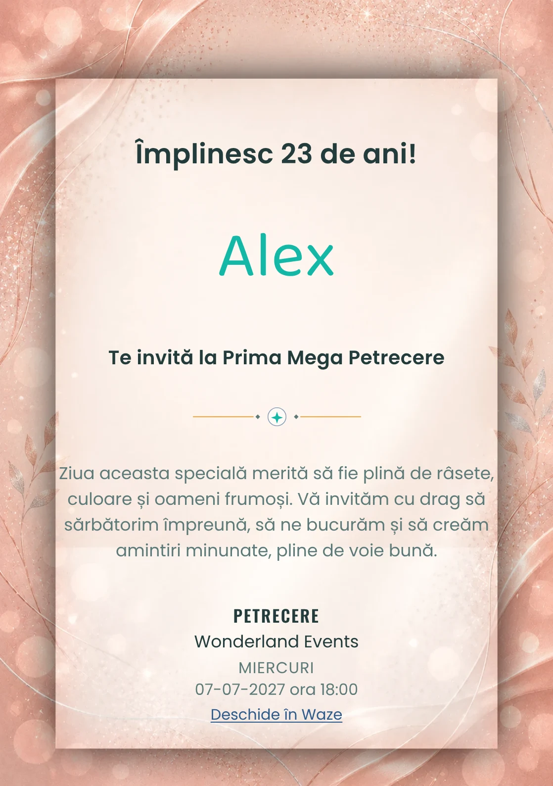 Invitație digitală aniversară Rose Gold, fundal premium cu textură satinată, bokeh și sclipiri rose-gold