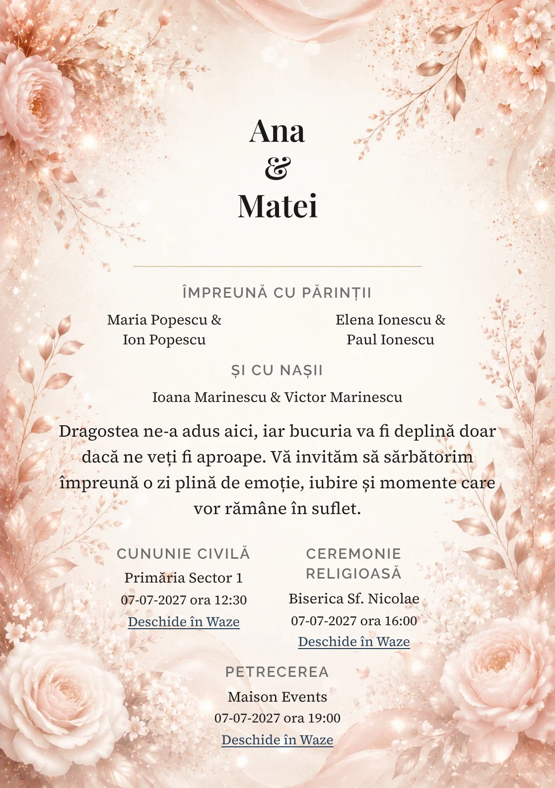 Invitație digitală de nuntă Rose Gold, fundal rose gold, potrivit pentru pachetele Basic și Premium