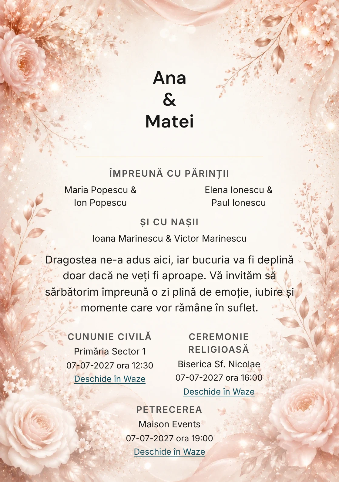 Invitație digitală de nuntă Rose Gold, fundal rose gold, potrivit pentru pachetele Basic și Premium