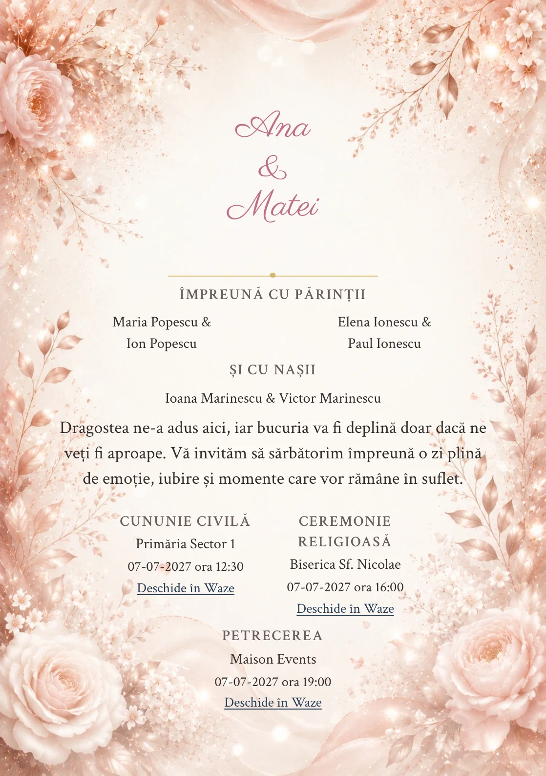 Invitație digitală de nuntă Rose Gold, fundal rose gold, potrivit pentru pachetele Basic și Premium