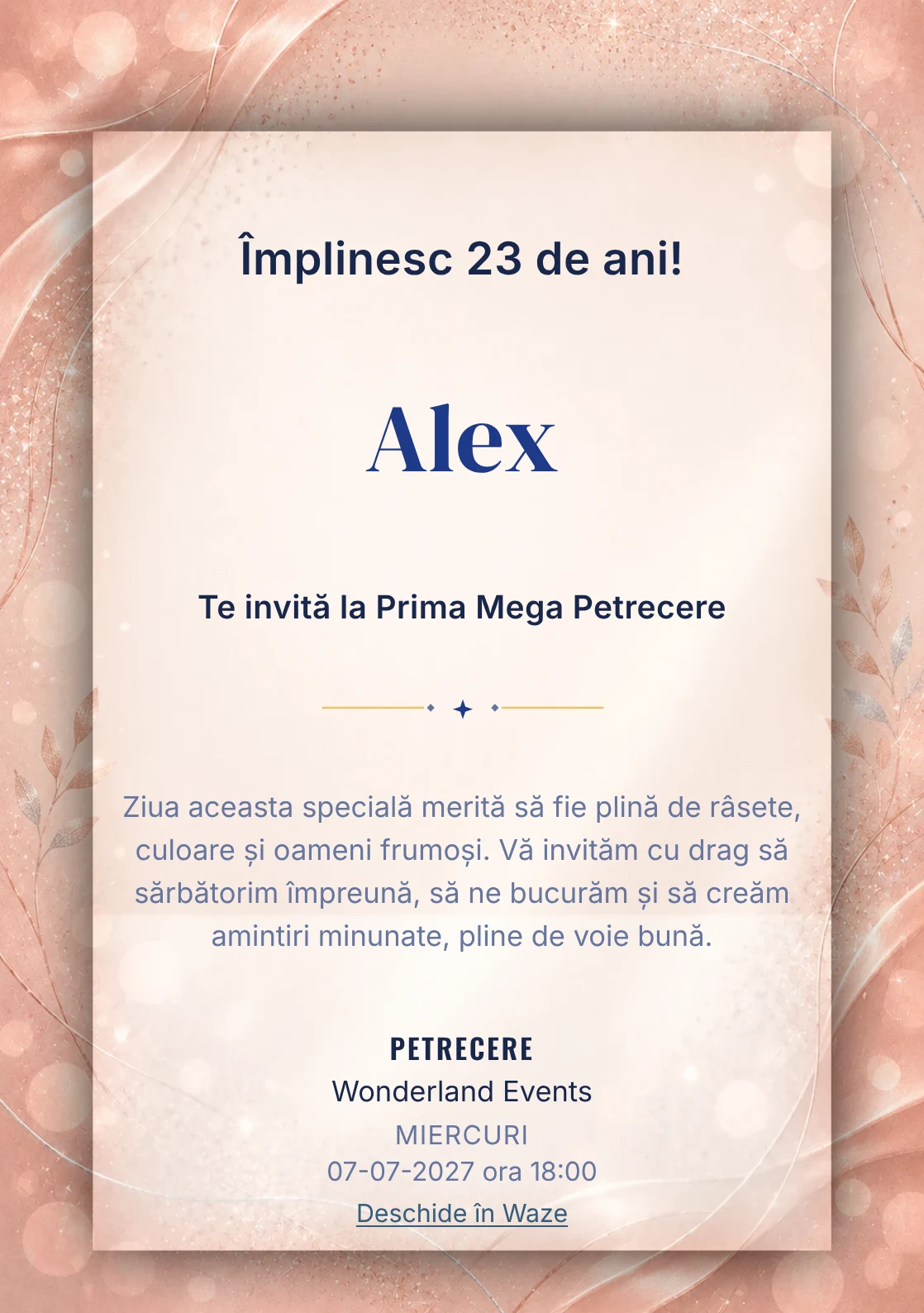 Invitație digitală aniversară Rose Gold, fundal premium cu textură satinată, bokeh și sclipiri rose-gold